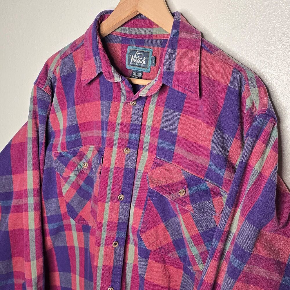 Vintage Woolrich Men's XL Red/Purple Plaid Cotton Flannel Shirt Long Sleeve